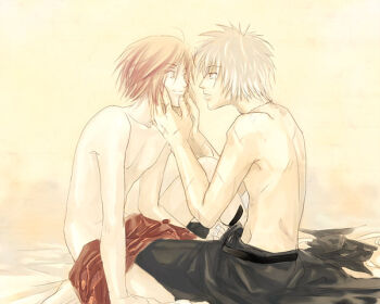 Rule 34 | 2boys, assassin (ragnarok online), black pants, brown pants, commentary request, dated commentary, full body, hands on own cheeks, hands on own face, looking at another, male focus, multiple boys, oomojiya, pants, pink eyes, pink hair, ragnarok online, short hair, sitting, topless male, wizard (ragnarok online), yaoi, yellow background