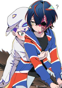 1boy 1girl :o ? black_hair black_shirt blue_eyes blush hair_between_eyes half_mask hat hetero highres hug hug_from_behind hurika800 jacket ku_otsuki long_sleeves mask multicolored_eyes open_clothes open_jacket orange_eyes pants purple_hair rei_shimobe reverse_trap shirt short_hair shuten_order simple_background sitting_on_animal sweatdrop twitter_username two-tone_eyes white_background white_hat white_pants white_shirt yellow_eyes