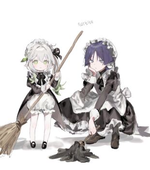 1boy 1girl alternate_costume apron black_dress black_footwear black_skirt black_sleeves bloomers blunt_ends broom brown_footwear clenched_hands closed_mouth coattails cross-shaped_pupils crossdressing crossdressing_(mtf) dress duster elbow_on_thigh enmaided feather_duster frilled_hat frilled_skirt frills full_body genshin_impact green_eyes green_hair grey_eyes hair_ornament hand_on_own_face hat head_rest height_difference highres holding holding_broom holding_duster juliet_sleeves korean_text leaf leaf_hair_ornament long_hair long_sleeves looking_at_viewer maid maid_apron maid_headdress male_maid mary_janes mob_cap multicolored_hair nahida_(genshin_impact) pointy_ears puffy_sleeves purple_hair scaramouche_(genshin_impact) shoes side_ponytail sidelocks skirt smile squatting streaked_hair symbol-shaped_pupils underwear white_apron white_background white_bloomers white_hair white_hat yuuli_(tuna221022)