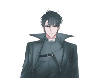 1boy black_coat black_eyes black_hair black_shirt chest_belt coat commentary curtained_hair looking_at_viewer male_focus omniscient_reader&#039;s_viewpoint open_clothes open_coat popped_collar serious shirt short_hair solo symbol-only_commentary toupou39 upper_body yoo_joonghyuk