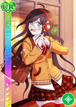 Rule 34 | 1girl, antenna hair, bag, blush, brown bag, brown jacket, brown skirt, card (medium), character name, commentary, cosplay, crossed fingers, danganronpa (series), danganronpa another episode: ultra despair girls, derivative work, english commentary, eyelashes, fukawa toko, glasses, hair ornament, hairclip, handbag, headphones, heart, indoors, jacket, kurosawa dia, kurosawa dia (cosplay), lily (superkiiisa), long hair, long sleeves, love live!, love live! sunshine!!, mole, mole under mouth, official art redraw, purple eyes, purple hair, round eyewear, scar, scar on leg, skirt, solo, star (symbol), tally, thighhighs, very long hair, window