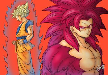 1boy aura blonde_hair blue_sash blue_shirt blue_wrist_cuffs body_fur clenched_hands commentary_request cowboy_shot dougi dragon_ball dragon_ball_daima from_side gakumanabu highres long_hair male_focus medium_hair multiple_views orange_background orange_pants orange_tunic pants powering_up profile red_eyes red_fur red_hair sash shirt signature simple_background son_goku spiked_hair super_saiyan super_saiyan_1 super_saiyan_4 topless_male tunic upper_body wrist_cuffs