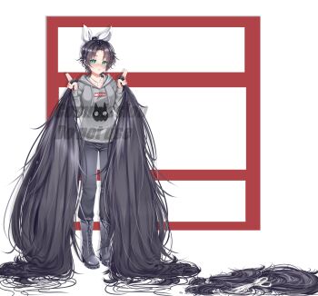 Rule 34 | absurdly long hair, absurdres, alternate hair length, alternate hairstyle, black hair, company name, dog tags, ear piercing, green eyes, grey hoodie, hair ribbon, highres, holding, holding own hair, hood, hoodie, jewelry, long hair, motul (company), noshiro nanami, original, piercing, ribbon, sayaxchi, severed hair, very long hair