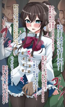 1girl 3boys absurdres arm_at_side assault_lily black_pantyhose blue_eyes blue_jacket blue_skirt blush bow bowtie breasts bright_pupils brown_bow brown_hair chikan commentary_request cowboy_shot frilled_skirt frills grabbing_another&#039;s_breast grabbing_from_behind green_jacket green_pants grin groping hair_between_eyes hair_bow hand_on_another&#039;s_crotch hand_up heart heavy_breathing herensuge_girls_academy_school_uniform hetero high_ponytail highres indoors jacket large_breasts long_hair long_sleeves looking_ahead miniskirt molestation motion_lines multiple_boys no_eyes open_mouth paid_reward_available pants pantyhose parted_lips ponytail red_bow red_bowtie school_uniform serizawa_chikaru sidelocks skirt smile solo_focus spoken_heart standing sweatdrop tearing_up teeth translation_request twitching upper_teeth_only white_jacket white_pupils ya-man