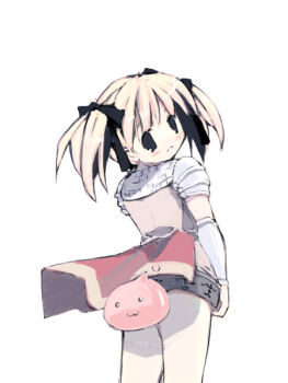 Rule 34 | 1girl, :3, armor, armored dress, black bow, black eyes, blonde hair, blush, bow, commentary request, convenient censoring, cowboy shot, dress, from behind, ganges gawa, hair bow, knight (ragnarok online), looking at viewer, looking back, open mouth, pauldrons, poring, ragnarok online, short hair, shoulder armor, simple background, solo, twintails, vambraces, white background