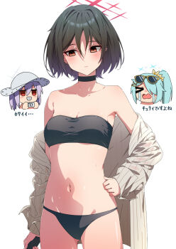 3girls atsuko's_grin_(meme) atsuko_(blue_archive) atsuko_(swimsuit)_(blue_archive) bikini bikini_under_clothes black_bikini blue_archive commentary halo highres hiyori_(blue_archive) hiyori_(swimsuit)_(blue_archive) jacket meme misaki_(blue_archive) misaki_(swimsuit)_(blue_archive) multiple_girls necono_(nekonosora1207) pinstripe_pattern pinstripe_shirt red_halo see-through_clothes see-through_jacket shirt star_halo striped_clothes striped_shirt swimsuit translation_request vertical-striped_clothes vertical-striped_shirt