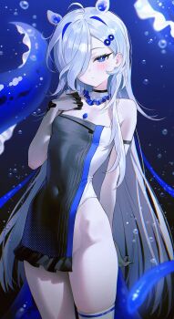 1girl absurdres ahoge animal_ears arm_behind_back arm_strap bare_shoulders black_dress blue_eyes breasts closed_mouth commentary_request commission covered_navel cowboy_shot detached_collar dress expressionless extra_ears fymrie hair_ornament hair_over_one_eye hairclip hand_on_own_chest hand_up highres long_hair looking_at_viewer no_panties original pelvic_curtain single_thighhigh sleeveless sleeveless_dress small_breasts solo spaghetti_strap tentacles thighhighs thighs two-tone_dress very_long_hair white_hair white_thighhighs