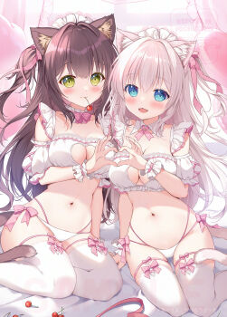 Rule 34 | 2girls, animal ear fluff, animal ears, blue eyes, blush, bow, bra, breasts, brown hair, cat ears, cat girl, cat tail, cherry, choker, cleavage, cleavage cutout, closed mouth, clothing cutout, commentary request, detached collar, food, four-finger heart hands, frilled choker, frills, fruit, good twins day, green eyes, grey hair, hair ornament, hair ribbon, heart, heart hands, highres, large breasts, long hair, looking at viewer, mikeou, mouth hold, multiple girls, navel, open mouth, original, panties, pink bow, pink ribbon, ribbon, smile, stomach, tail, thighhighs, underwear, white bra, white panties, white thighhighs, white wrist cuffs, wrist cuffs