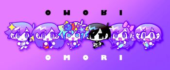 Rule 34 | 2girls, 4boys, :d, antenna hair, aubrey (headspace) (omori), aubrey (omori), ball, barefoot, basil (headspace) (omori), basil (omori), basket, beachball, black eyes, black hair, black shorts, black socks, black tank top, blue dress, blue eyes, blue flower, blue hair, blue overalls, blue rose, blue shorts, blush stickers, bow, bright pupils, brother and sister, brothers, chibi, chibi only, closed mouth, collared shirt, colored skin, commentary, copyright name, double-parted bangs, dress, drop shadow, empty eyes, eyes visible through hair, fang, flower, flower wreath, fried egg, frying pan, full body, gradient hair, green shirt, hair behind ear, hair between eyes, hair bow, hashtag-only commentary, head wreath, hero (headspace) (omori), hero (omori), highres, holding, holding ball, holding basket, holding beachball, holding frying pan, holding knife, holding picnic basket, honshiya, kel (headspace) (omori), kel (omori), kneehighs, knife, leaf, long hair, long sleeves, looking at viewer, mailbox (incoming mail), mari (headspace) (omori), mari (omori), medium dress, miniskirt, multicolored hair, multiple boys, multiple girls, no pupils, no shoes, omori, omori (omori), open mouth, overall shorts, overalls, picnic basket, pink bow, pleated skirt, purple background, purple eyes, purple flower, purple hair, purple skirt, purple sweater vest, red flower, rose, shirt, short hair, short sleeves, shorts, siblings, simple background, skirt, smile, socks, sparkle, standing, standing on one leg, straight hair, striped clothes, striped shorts, sweater vest, tank top, two-tone shorts, v-shaped eyebrows, vertical-striped clothes, vertical-striped shorts, white pupils, white shirt, white shorts, white skin