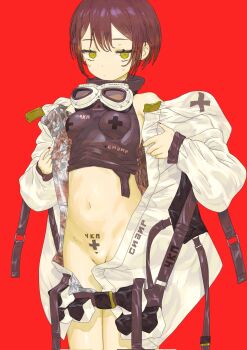 1girl black_hair bob_cut breasts buckle commentary_request cyrillic goggles goggles_around_neck green_eyes groin highres hood hooded_jacket jacket muzinneki navel open_clothes open_jacket original pubic_tattoo red_background red_nails short_hair simple_background small_breasts solo stomach strap sweat tattoo wavy_eyes white_jacket