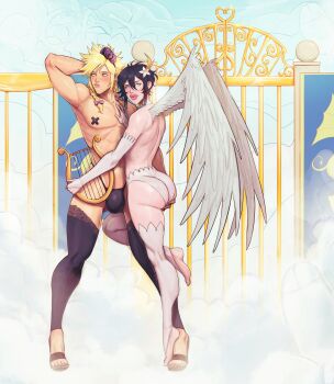 2boys absurdres androgynous angel_wings ass bare_back barefoot black_hair black_panties black_thighhighs blonde_hair blush bow braid bridal_gauntlets bulge cloud_strife cross cross_pasties crossdressing crossdressing_(mtf) crossover devilhs embarrassed feathered_wings final_fantasy final_fantasy_vii flower genshin_impact gluteal_fold hair_bow hair_flower hair_ornament hand_on_own_chest harp heart heart-shaped_pupils highres holding_harp huge_ass instrument large_penis leg_lift looking_at_viewer looking_to_the_side male_focus multiple_boys panties pasties penis purple_bow purple_flower sandals standing symbol-shaped_pupils thick_lips thighhighs thong toeless_footwear trap underwear venti_(genshin_impact) white_bridal_gauntlets white_flower white_panties white_thighhighs white_wings wings yaoi