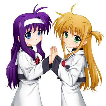Rule 34 | 00s, 2girls, arisa bunnings, blonde hair, blue eyes, green eyes, hair ribbon, hairband, long hair, looking at viewer, lyrical nanoha, mahou shoujo lyrical nanoha, multiple girls, n haduki, purple hair, ribbon, school uniform, simple background, tsukimura suzuka, white background