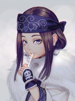 1girl ainu asirpa black_hair blue_eyes coat commentary_request earrings fur_trim golden_kamuy headband ice jewelry looking_at_viewer smile solo upper_body wolfina