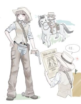 1girl alternate_costume belt black_belt brown_hat brown_pants brown_shoes brown_vest collared_shirt cowboy danganronpa_(series) danganronpa_2:_goodbye_despair grey_pants grey_shirt hat highres horse horseback_riding kamukura_izuru nanami_chiaki pants pink_eyes riding shirt shoes short_sleeves sleeping speech_bubble torn_vest translation_request ttong_(ttong392730) vest western white_background