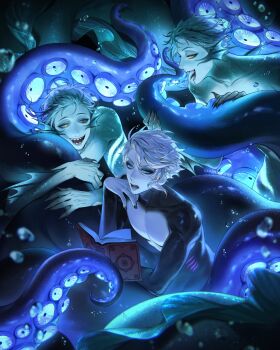 3boys absurdres air_bubble amandasu animal_ears azul_ashengrotto azul_ashengrotto_(octopus) black_nails book bubble colored_skin commentary fingernails fins floyd_leech floyd_leech_(eel) green_hair green_skin hand_on_own_chin head_fins highres holding holding_book hug jade_leech jade_leech_(eel) multiple_boys open_book sharp_fingernails sharp_teeth symbol-only_commentary teeth tentacles tongue tongue_out twisted_wonderland underwater white_hair white_skin