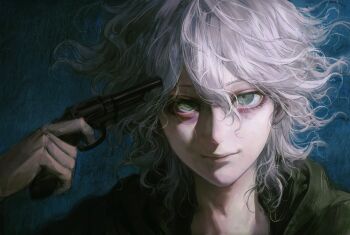 Rule 34 | 1boy, blue background, danganronpa (series), danganronpa 2: goodbye despair, green eyes, green jacket, grey hair, gun, gun to head, hair between eyes, handgun, highres, holding, holding gun, holding weapon, jacket, komaeda nagito, looking at viewer, male focus, messy hair, revolver, seapall, smile, solo, weapon
