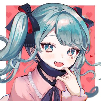 1girl absurdres blue_eyes blue_hair commentary_request dress hair_ribbon hatsune_miku heart highres looking_at_viewer mask mouth_mask open_mouth pipi_(pipinavigation) ribbon solo vampire vocaloid