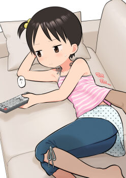 1boy 1girl armpits averting_eyes bare_shoulders barefoot black_hair blue_pants blush brown_eyes camisole closed_mouth clothed_sex commentary_request controller couch disembodied_hand embarrassed flat_chest flat_chest_grab grabbing_another's_breast groping hair_bobbles hair_ornament hand_under_clothes hetero highres holding holding_remote_control ichigo_mashimaro itou_chika jitome loli lying meis_(terameisu) on_couch on_side paid_reward_available pants pillow pink_camisole remote_control short_hair side_ponytail sound_effects striped_camisole sweatdrop