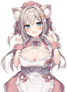 1girl animal_ears blue_eyes blush breasts cat_ears cleavage commentary_request dress fish_hair_ornament grey_hair hair_ornament hair_ribbon hands_up heart highres index_finger_raised indie_virtual_youtuber indoors karory large_breasts long_hair looking_at_viewer maid maid_headdress nail_polish open_mouth pink_dress pink_wrist_cuffs ribbon short_sleeves simple_background smile solo tsukimachi_nyamo variant_set virtual_youtuber waitress white_background wrist_cuffs