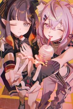 2girls bag black_collar blunt_bangs closed_mouth collar crossed_bangs drink fang fcjfior fingerless_gloves food gloves gradient_hair hair_ornament hairclip hashtag-only_commentary highres holding holding_drink holding_food hololive hololive_english looking_at_viewer midriff multicolored_hair multiple_girls nekomata_okayu ninomae_ina&#039;nis one_eye_closed onigiri open_mouth parallel_hairclips purple_eyes purple_hair short_sleeves smile socks standing tentacle_hair v