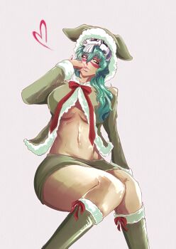 1girl bleach boots breasts christmas espada facial_mark female_focus green_hair highres knee_boots large_breasts long_hair mask mask_on_head navel nelliel_tu_odelschwanck parted_lips simple_background sitting skull_on_head solo solo_focus stomach thighs underboob veeepawoon