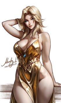 1girl absurdres alternate_costume arm_behind_head artist_name blonde_hair blue_gemstone breasts cleavage commentary cowboy_shot dress english_commentary fantastic_four gem gold_dress highres large_breasts long_hair marvel marvel_rivals moonlen-jack parted_hair side_slit sideboob solo sue_storm watermark web_address white_background