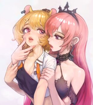 2girls animal_ears blush breasts cleavage collarbone earrings eimi_isami hamster_ears jewelry multiple_girls nail_polish orange_hair phase_connect pink_eyes pink_hair runie_ruse sussynano tagme tiara virtual_youtuber white_background yuri