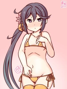 1girl akebono_(kancolle) bell bikini covered_erect_nipples dated flat_chest flower gold_bikini gold_thighhighs gradient_background grey_eyes grey_hair hair_bell hair_flower hair_ornament hand_on_own_stomach jingle_bell kanon_(kurogane_knights) kantai_collection micro_bikini navel one-hour_drawing_challenge pink_background side-tie_bikini_bottom side_ponytail solo standing swimsuit