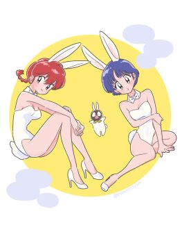 2girls animal_costume animal_ears blue_hair braid braided_ponytail breasts high_heels highres legs leotard multiple_girls official_art p-chan pig playboy_bunny punch121ykk rabbit_ears rabbit_tail ranma-chan ranma_1/2 short_hair smile tail tendou_akane