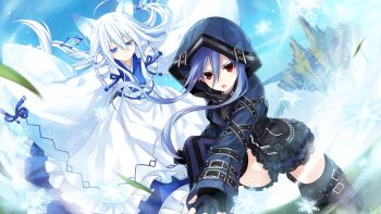 2girls animal_ears arm_belt black_legwear blue_eyes blue_hair boots dutch_angle effole effole_(fairy_fencer_f) ethel_(fairy_fencer_f) fairy_fencer_f fingerless_gloves floating_island fox_ears frilled_skirt frills game_cg gloves glowing glowing_eye grass hood karin_(fairy_fencer_f) long_hair long_sleeves multiple_girls official_art on_one_knee open_mouth purple_hair red_eyes ribbon sidelocks skirt sleeves_past_wrists snowflakes thigh_boots thighhighs tsunako white_hair wide_sleeves zettai_ryouiki