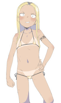 Rule 34 | 1girl, absurdres, arm tattoo, bikini, blonde hair, blush, cameltoe, clenched hand, cropped jacket, earrings, flat chest, gold bikini, groin, hand on own hip, highres, jacket, jewelry, long hair, looking at viewer, micro bikini, multiple earrings, navel, original, shiny swimsuit, shoulder blush, side-tie bikini bottom, simple background, smile, solo, sweat, swimsuit, tan, tanline, tattoo, tribal tattoo, white background, zettai yarumoni