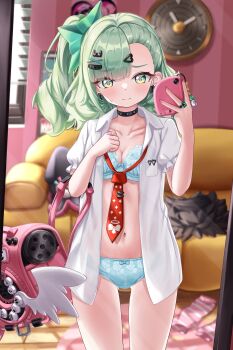 Rule 34 | 1girl, absurdres, alternate costume, backpack, bag, black choker, blue bow, blue bra, blue panties, blush, bow, bow panties, bra, breasts, choker, cleavage, closed mouth, collarbone, collared shirt, commentary, day, fingernails, green eyes, green hair, hands up, highres, holding, holding phone, indoors, kuma piv, long hair, looking at viewer, medium breasts, mirror, navel, necktie, open clothes, open shirt, panties, phone, pink bag, red necktie, reflection, shirt, side ponytail, small sweatdrop, solo, standing, stomach, sunna (zenless zone zero), underwear, white shirt, zenless zone zero