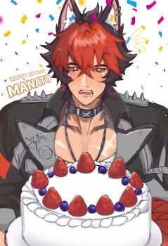 1boy absurdres animal_ear_piercing animal_ears bandaged_arm bandages birthday_cake black_choker black_hair blueberry blush cake choker commentary dog_boy dog_ears english_commentary food fruit happy_birthday highres hungry jewelry komano_manato male_focus multicolored_hair necklace red_bandage red_eyes red_hair saliva scar scar_on_chest scar_on_face strawberry z33_py zenless_zone_zero
