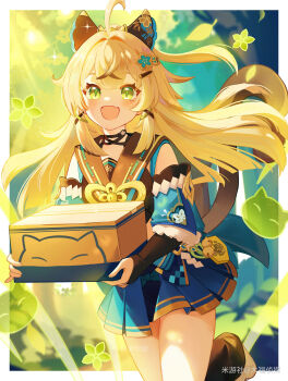 1girl :d absurdres ahoge blonde_hair blue_skirt box cat_tail dafu_zhentan detached_sleeves flower genshin_impact green_eyes hair_ornament highres holding holding_box kirara_(genshin_impact) leaf long_hair looking_at_viewer multicolored_hair nekomata open_mouth pleated_skirt skirt slit_pupils smile solo streaked_hair tail watermark
