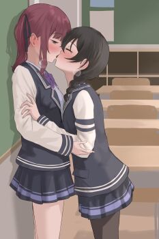 2girls absurdres black_hair black_pantyhose black_ribbon black_skirt black_vest bow bowtie braid cevio classroom closed_eyes commentary_request desk eru_aise french_kiss hair_ribbon hanakuma_chifuyu highres indoors kiss kiss_day multiple_girls natsuki_karin pantyhose pleated_skirt purple_bow purple_bowtie purple_eyes red_hair ribbon school_desk school_uniform shirt single_braid skirt twintails vest white_shirt yuri