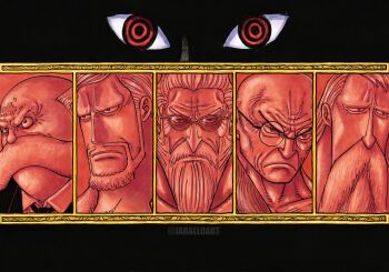 1other 5boys bald beard birthmark black_background black_necktie black_suit blonde_hair collarbone collared_shirt ethan-baron_v._nusjuro facial_hair figarland_garling formal_clothes frown glasses highres imu_(one_piece) jaralloart long_hair looking_at_viewer marcus_mars multiple_boys mustache necktie oda_eiichirou_(style) one_piece red_eyes ringed_eyes round_eyewear scar scar_on_neck shepherd_ju_peter shirt short_hair sideburns suit thick_mustache topman_warcury twitter_username white_hair white_shirt