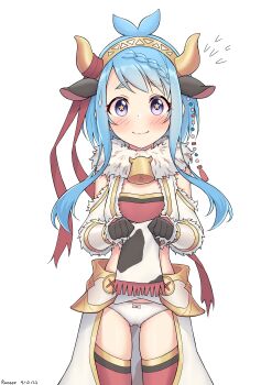 Rule 34 | 1girl, absurdres, animal ears, animal print, bell, blue hair, blush, cow ears, cow print, cowbell, flat chest, headband, highres, lifting own clothes, mahiru (princess connect!), mahiru (ranger) (princess connect!), panties, princess connect!, ruinone, star-shaped pupils, star (symbol), symbol-shaped pupils, underwear