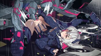 1girl absurdres aseiusx bodysuit boots breasts fingerless_gloves gloves highres indie_virtual_youtuber long_hair lying medium_breasts on_back outdoors puddle rain red_eyes robot saruei_(vtuber) separated_legs smile stomach thigh_boots underboob vaginal very_long_hair virtual_youtuber white_hair