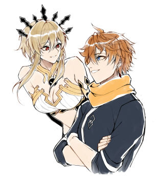 1boy 1girl bikini black_gloves black_jacket blonde_hair blue_eyes breasts brown_hair cinanna008 cleavage collarbone commentary cosplay crossed_arms earrings elbow_gloves english_commentary fate/grand_order fate_(series) fujimaru_ritsuka_(male) fujimaru_ritsuka_(male)_(cosplay) fujimaru_ritsuka_(male)_(true_ether_chaldea_uniform) genshin_impact gloves hair_behind_ear hair_between_eyes headdress highres ishtar_(fate) ishtar_(fate)_(cosplay) jacket jewelry looking_at_another looking_down looking_up lumine_(genshin_impact) midriff navel orange_scarf red_eyes scarf short_hair_with_long_locks smile swimsuit tartaglia_(genshin_impact) white_bikini