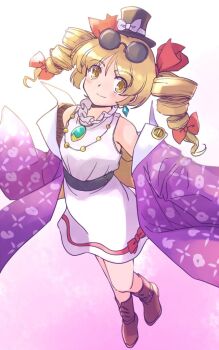 1girl aqua_gem bare_shoulders belt black_belt black_hat blush boots bow bow_print brooch brown_boots brown_eyes brown_hair commentary_request diamond_earrings dress drill_hair earrings eyewear_on_head from_above gem gold_necklace hair_bow hat jacket jewelry knees medium_hair mini_hat mini_top_hat necklace one-hour_drawing_challenge outstretched_arms purple_jacket rangycrow red_bow sleeveless sleeveless_dress smile solo split_mouth sunglasses top_hat touhou twin_drills white_dress yorigami_jo'on