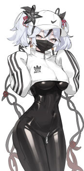 Rule 34 | 1girl, alternate breast size (larger), alternate costume, baseball cap, black bodysuit, black flower, blake bloom (wuthering waves), blush, bodysuit, breasts, camellya (wuthering waves), commentary, covered navel, earrings, flower, gold earrings, hair between eyes, hair vines, hands up, hashtag-only commentary, hat, hat flower, highres, jewelry, long sleeves, looking at viewer, mask, medium breasts, mouth mask, red pupils, short hair, short twintails, shrug (clothing), simple background, sleeves past fingers, sleeves past wrists, solo, twintails, white background, white eyes, white hair, white hat, white shrug, wuthering waves, youngjoo kjy, zipper pull tab