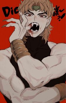 Rule 34 | 1boy, black shirt, blonde hair, blood, blood on face, commentary request, dio brando, earrings, eyelashes, fangs, finger in own mouth, highres, jewelry, jojo no kimyou na bouken, looking at viewer, male focus, neg 50asu, open mouth, red background, red eyes, sharp toenails, shirt, short hair, sleeveless, sleeveless shirt, solo, stardust crusaders, toenails, translation request