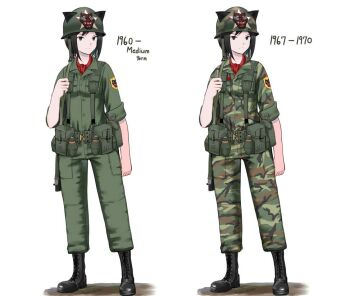 1girl army army_of_the_republic_of_vietnam bad_id bad_pixiv_id black_eyes black_hair bob_cut camouflage camouflage_headwear camouflage_jacket camouflage_pants closed_mouth full_body gun helmet holding holding_gun holding_weapon jacket military military_uniform multiple_views nguyen_tam_lee original pants short_hair simple_background soldier weapon white_background woodland_camouflage