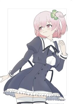 1girl arm_behind_back assault_lily black_ribbon black_skirt blush breasts buttons closed_mouth clover_hair_ornament commentary_request cowboy_shot cropped_jacket dalia_(flagdali) four-leaf_clover_hair_ornament frilled_skirt frills hair_between_eyes hair_ornament hand_up high-waist_skirt highres hitotsuyanagi_riri inset_border juliet_sleeves leaning_forward leg_ribbon long_sleeves looking_ahead looking_to_the_side medium_breasts miniskirt neck_ribbon one_side_up outside_border pink_eyes pink_hair puffy_sleeves ribbon school_uniform shirt short_hair simple_background skirt smile solo standing thigh_ribbon thighhighs white_background white_shirt white_thighhighs yurigaoka_girls_academy_school_uniform