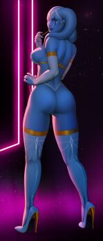 1girl absurdres alien armlet ass blue_skin breasts bridal_gauntlets colored_skin full_body gold_armlet gold_thighlet grownupjizz high_heels highres jewelry large_breasts looking_at_viewer looking_back see-through_clothes see-through_thighhighs shoes solo star_wars thighhighs thighlet twi&#039;lek white_bridal_gauntlets white_shoes