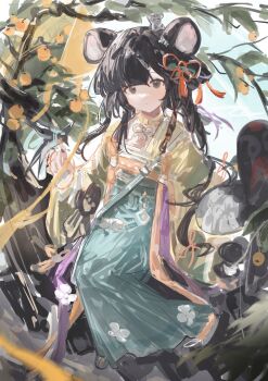 1girl :o absurdres animal animal_ears animal_on_head animal_on_lap aqua_dress arknights arm_up bag bird bird_on_hand black_hair bracelet braid braided_ponytail chinese_clothes dress facing_viewer flat_chest fruit_tree grey_eyes hanfu highres jacket jewelry laoshi_wo_hao_e looking_at_viewer loquat lutonada_(arknights) lutonada_(sending_thoughts)_(arknights) mouse_(animal) mouse_ears mouse_girl official_alternate_costume on_head on_lap on_roof open_clothes open_jacket parted_lips qixiong_ruqun satchel sitting sitting_on_roof solo swallow_(bird) tree yellow_jacket yellow_sleeves