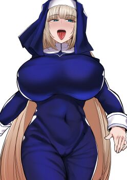 1girl absurdres alternate_costume blonde_hair blue_eyes blush bombergirl breasts cameltoe covered_navel cowboy_shot double_ou facing_viewer highres huge_breasts long_hair looking_to_the_side nun open_mouth pink_lips sepia_belmont solo sweatdrop tongue tongue_out