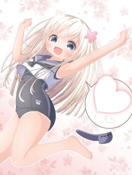 1girl barefoot black_neckerchief black_one-piece_swimsuit blonde_hair blue_eyes blue_sailor_collar commentary_request covered_navel crocs floral_background flower hair_flower hair_ornament heart kantai_collection long_hair neckerchief old_school_swimsuit one-hour_drawing_challenge one-piece_swimsuit one-piece_tan ro-500_(kancolle) sailor_collar sailor_shirt sandals school_swimsuit shirt sleeveless sleeveless_shirt solo spoken_heart swimsuit swimsuit_under_clothes tan tanline unworn_sandals uraguchi_hiiro