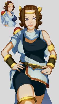 blue_eyes brown_hair genderswap genderswap_(mtf) hand_on_own_hip highres kid_icarus kid_icarus_uprising laurel_crown laurels looking_at_viewer nintendo pit_(kid_icarus) short_hair skindentation splashbrush toga wristband