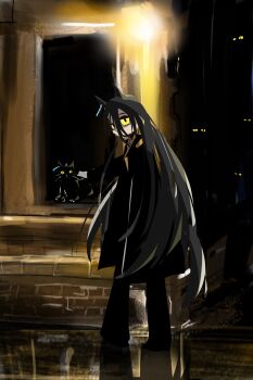 1girl animal_ears black_cat black_coat black_hair brick_wall cat coat ear_ornament ear_tag earrings eyes_in_shadow hair_between_eyes highres horse_ears horse_girl jewelry long_hair long_hair_between_eyes long_sleeves manhattan_cafe_(umamusume) necktie open_clothes open_coat pantyhose red_eyes single_earring slit_pupils solo torada_tetora umamusume very_long_hair wall_lamp window yellow_necktie